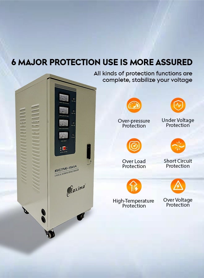 Maxima 15000W 3-Phase Voltage Stabilizer – 15KVA High-Precision Automatic Voltage Regulator for Industrial & Commercial Use | Overcurrent Protection & Energy Efficient. - Image 3